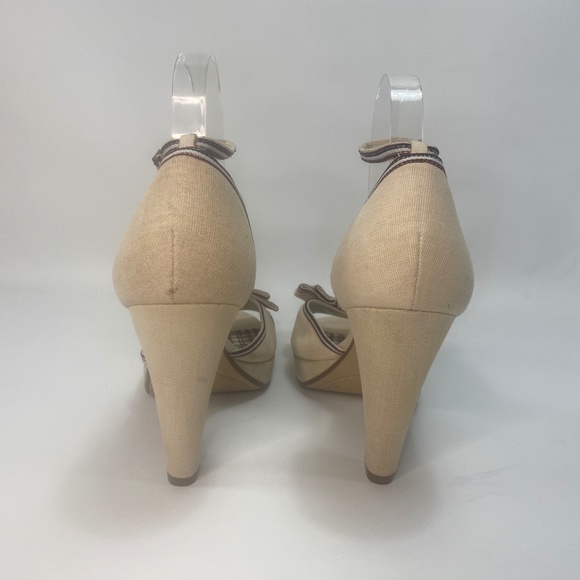 American Eagle Womens Heel Shoes 10 Canvas Peep Toe Ankle Strap Bows Plaid - Picture 5 of 16